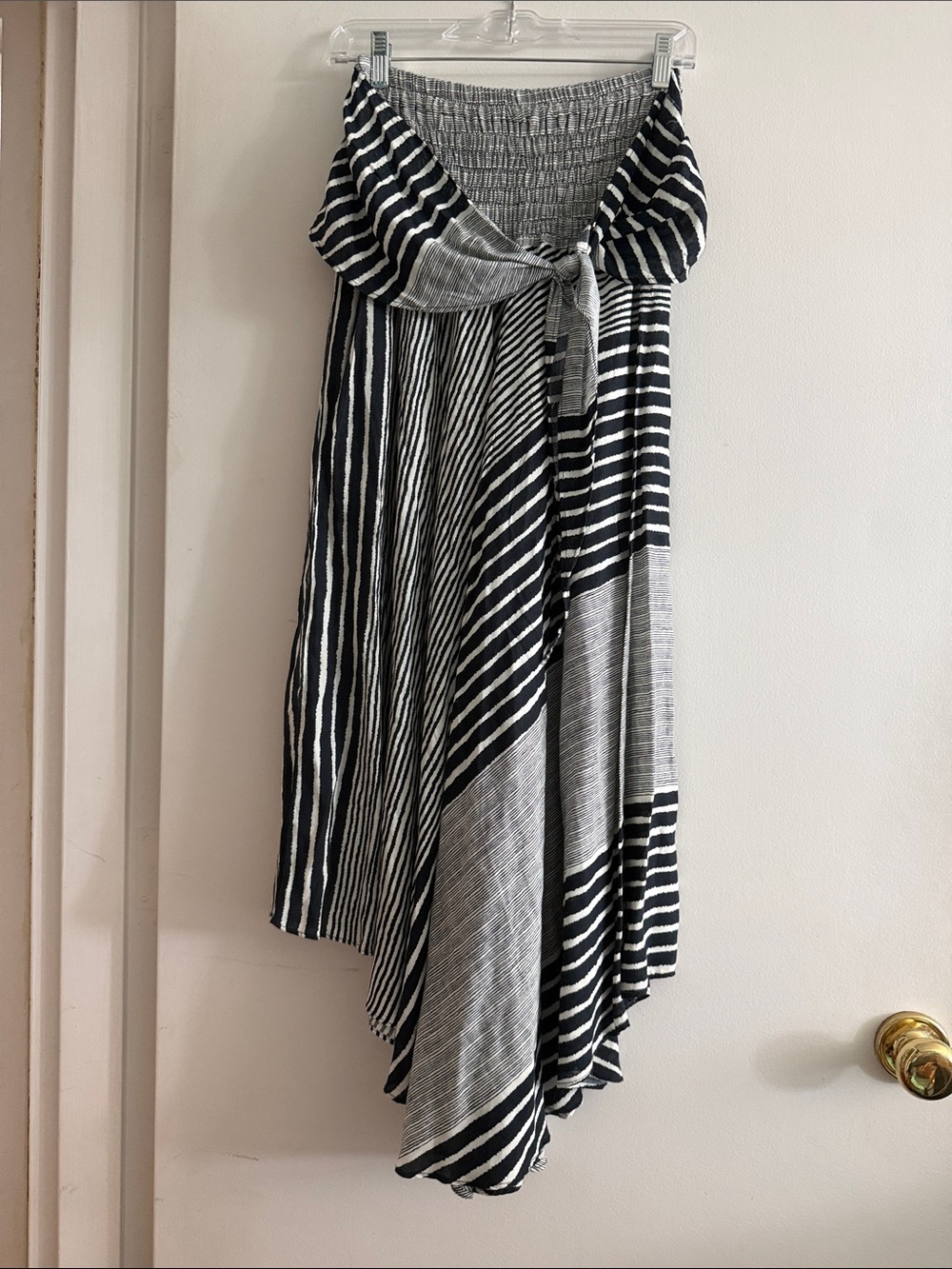 Striped Black & White Asymmetric Maxi Skirt with Tie Waist